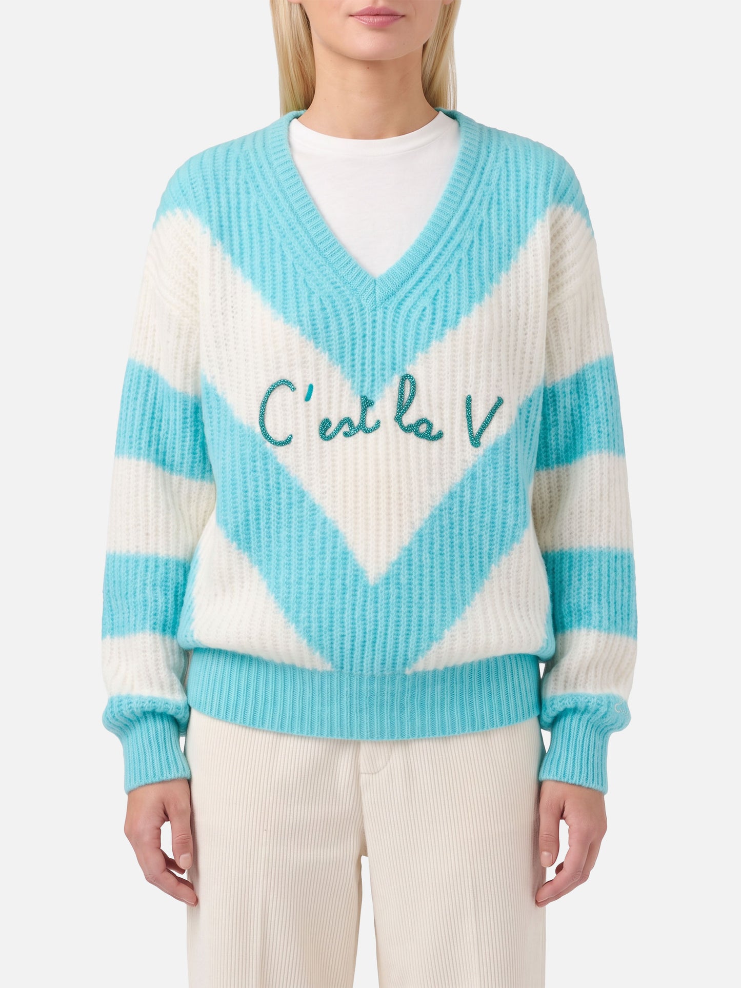 Pull court Annecy Soft avec motif losanges et col en V 