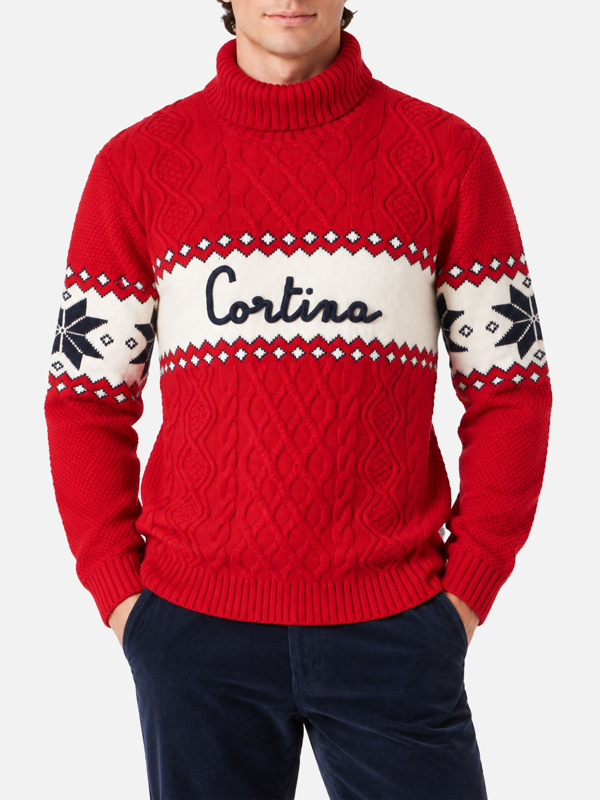 Red Anton half turtleneck sweater with Cortina lettering