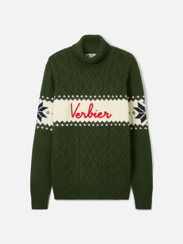 Military green Anton half turtleneck sweater with Verbier lettering