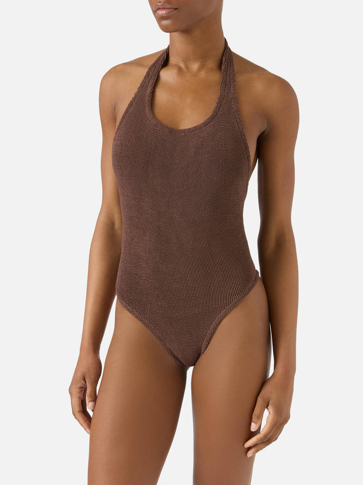Aria one-piece swimsuit in brown crinkle fabric