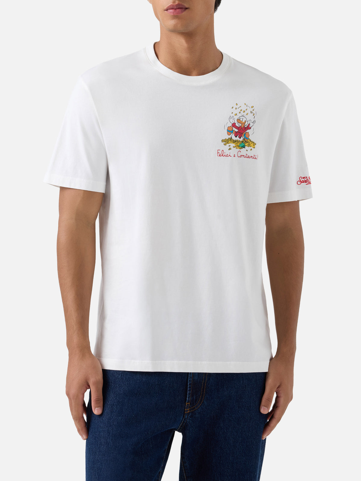 Arnott T-Shirt in Weiß mit Scrooge-McDuck-Print und „Felici e Contanti“-Schriftzug 