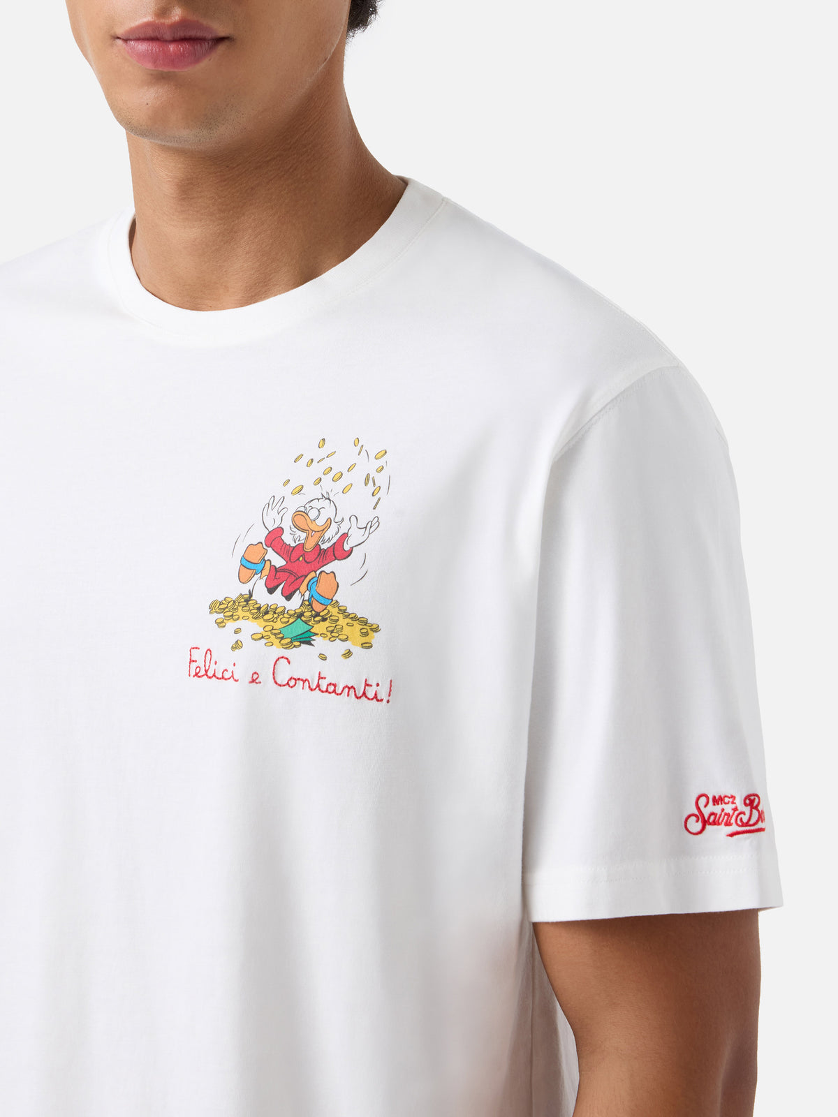 Arnott T-Shirt in Weiß mit Scrooge-McDuck-Print und „Felici e Contanti“-Schriftzug 