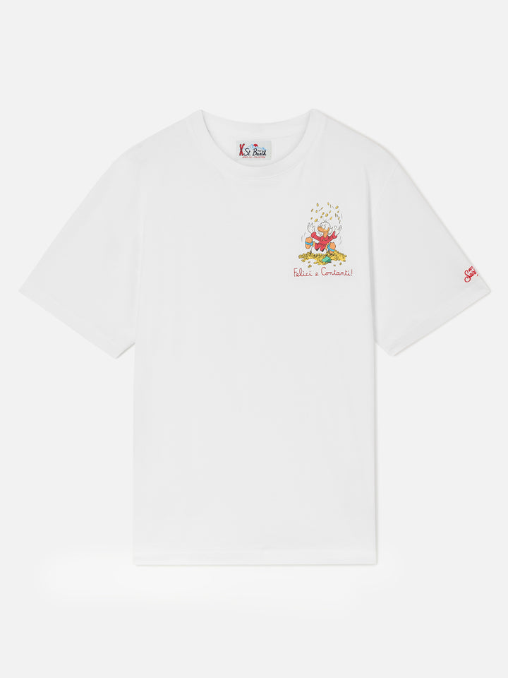 T-shirt Arnott blanc avec imprimé Scrooge McDuck et lettrage Felici e Contanti 