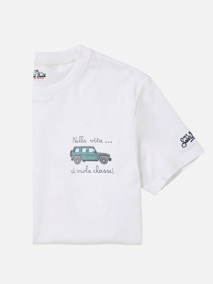 Arnott cotton T-shirt in white with car and Nella vita ci vuole classe embroidery