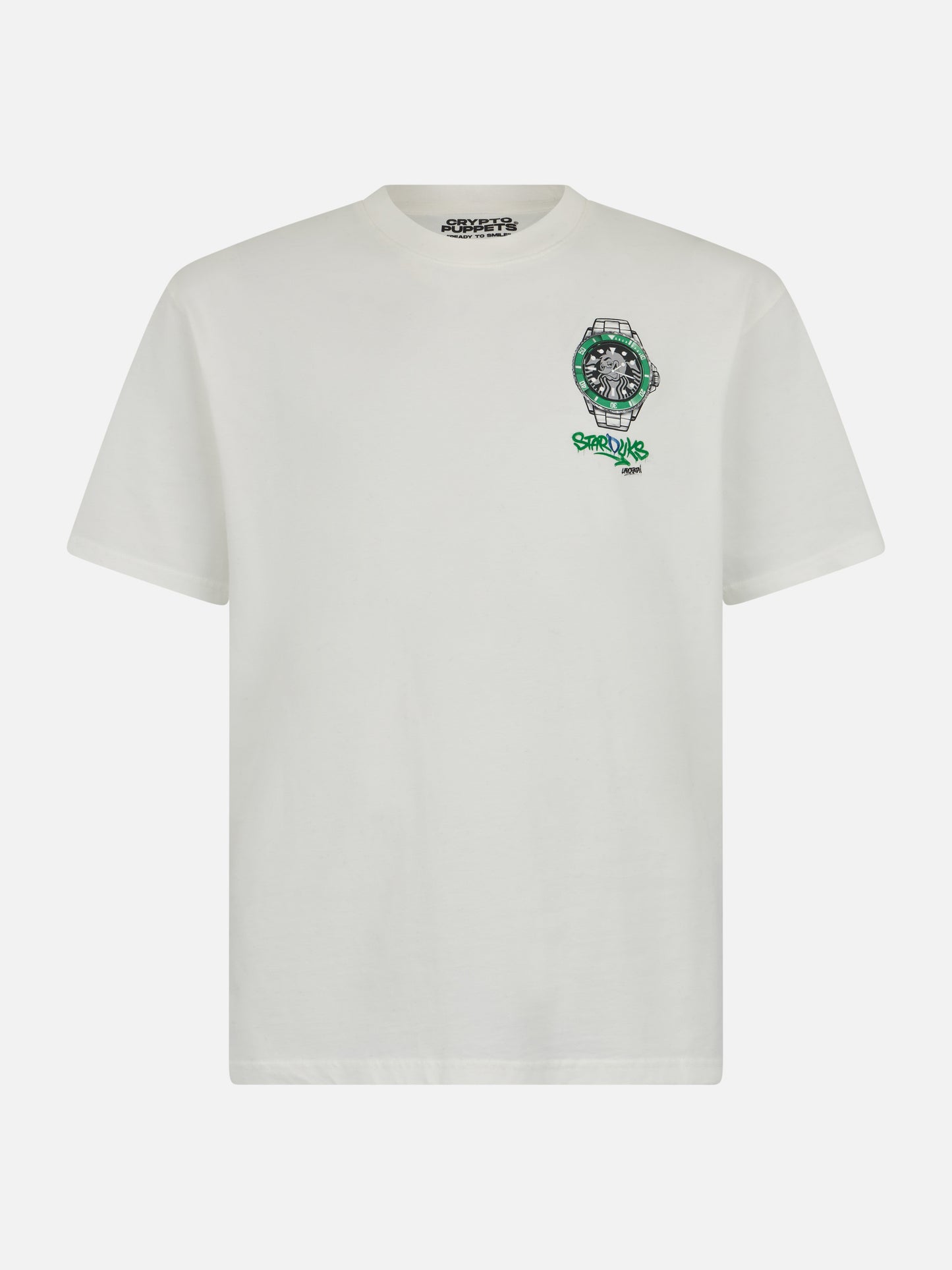 Man heavy cotton t-shirt Arnott with Crypto Starducks watch print | CRYPTO PUPPETS SPECIAL EDITION