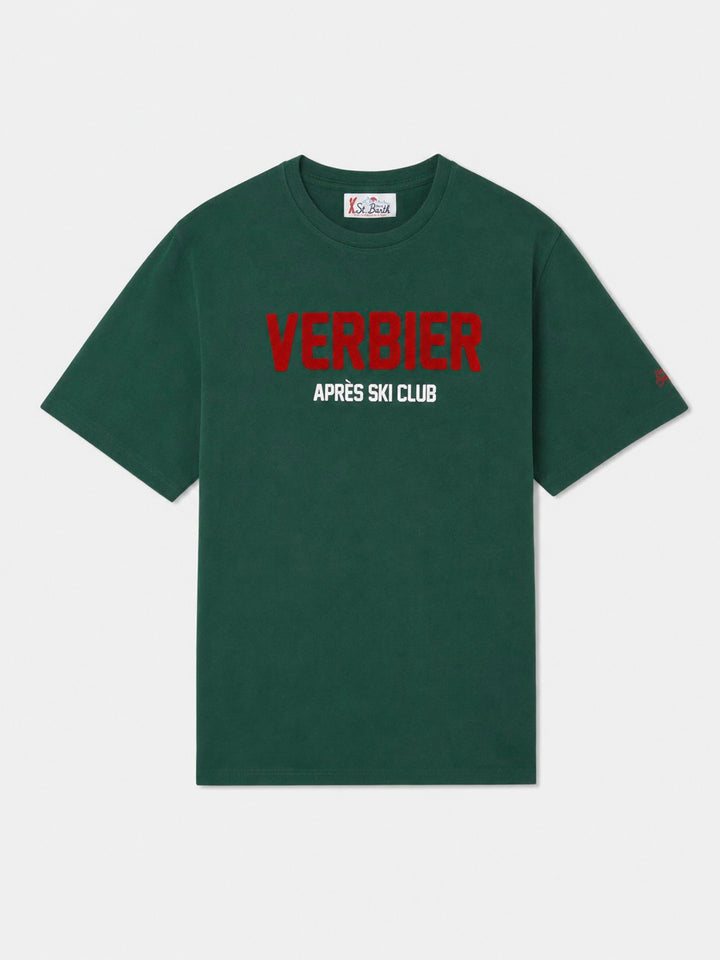 Military green Arnott T-shirt with Verbier Après Ski print