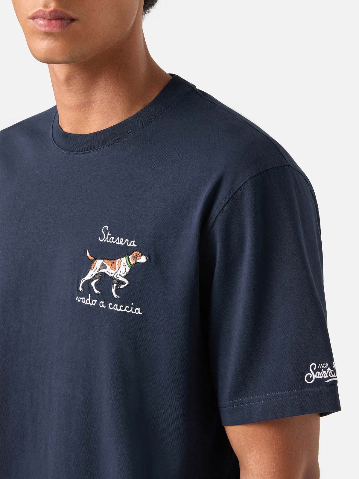 Camiseta de algodón Navy blue Arnott con bordado de perro de caza 