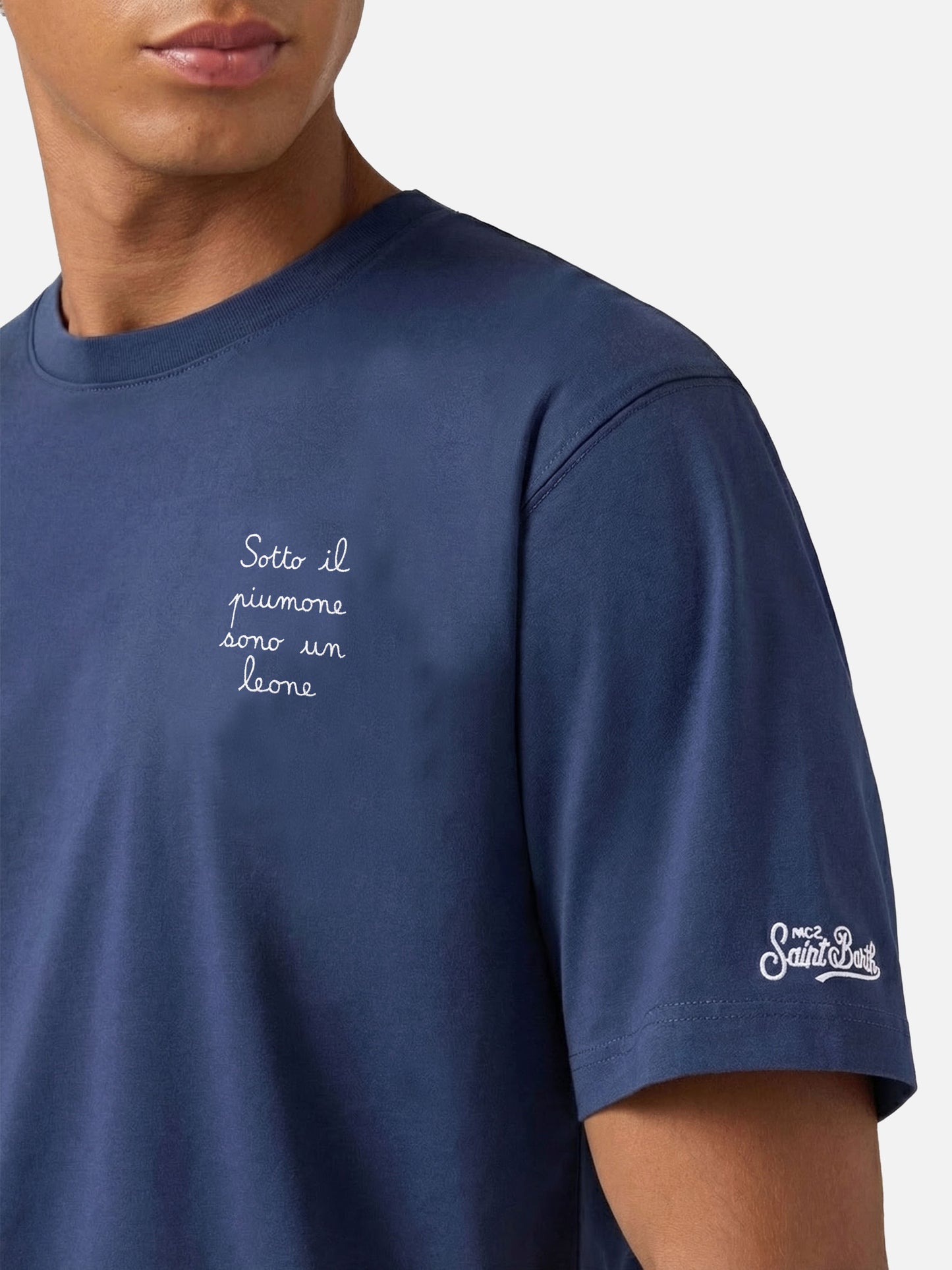 T-shirt Arnott en coton bleu avec broderie Sotto il Piumone sono un Leone 