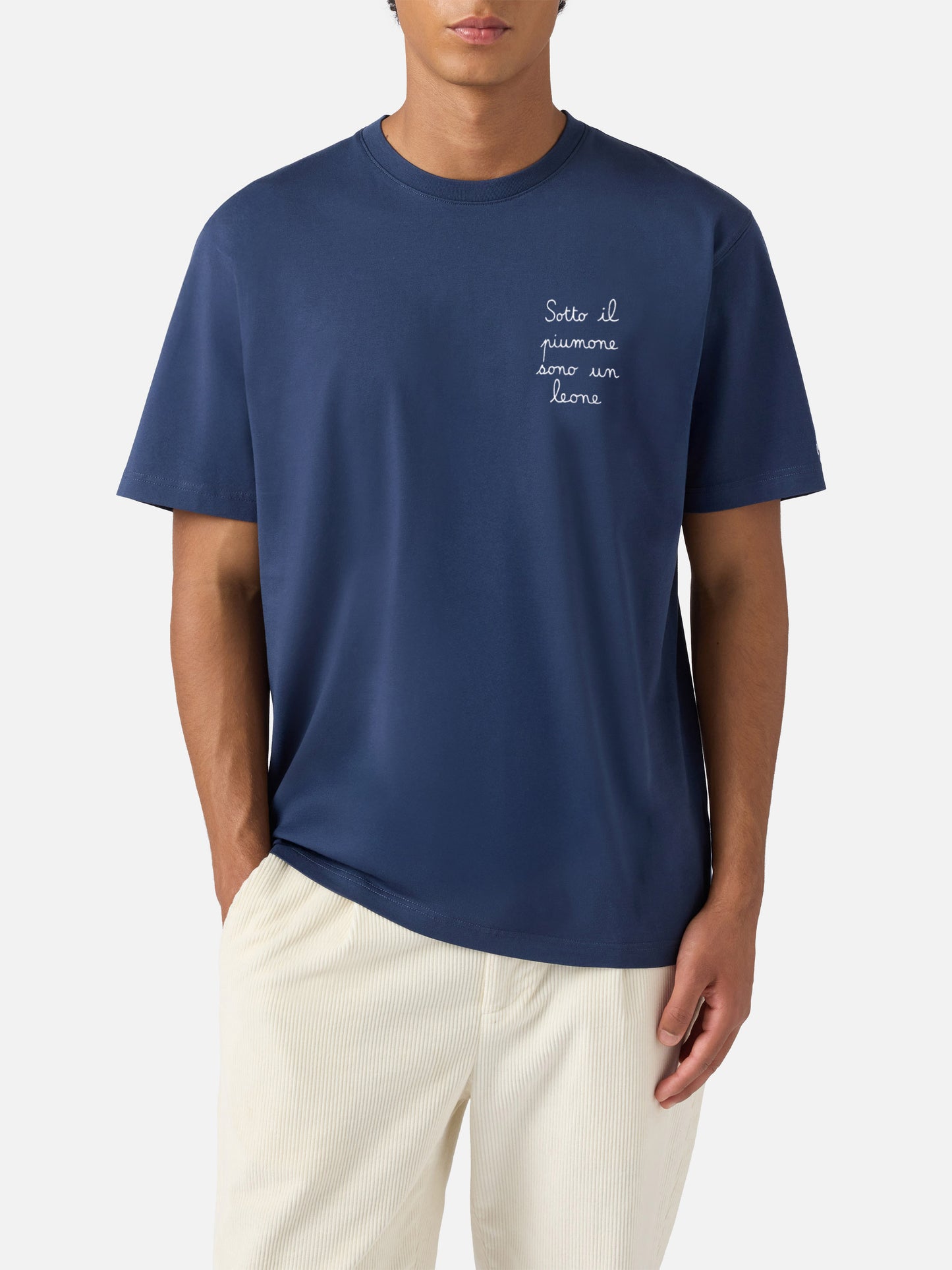 T-shirt Arnott en coton bleu avec broderie Sotto il Piumone sono un Leone 