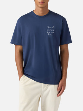 T-shirt Arnott en coton bleu avec broderie Sotto il Piumone sono un Leone 