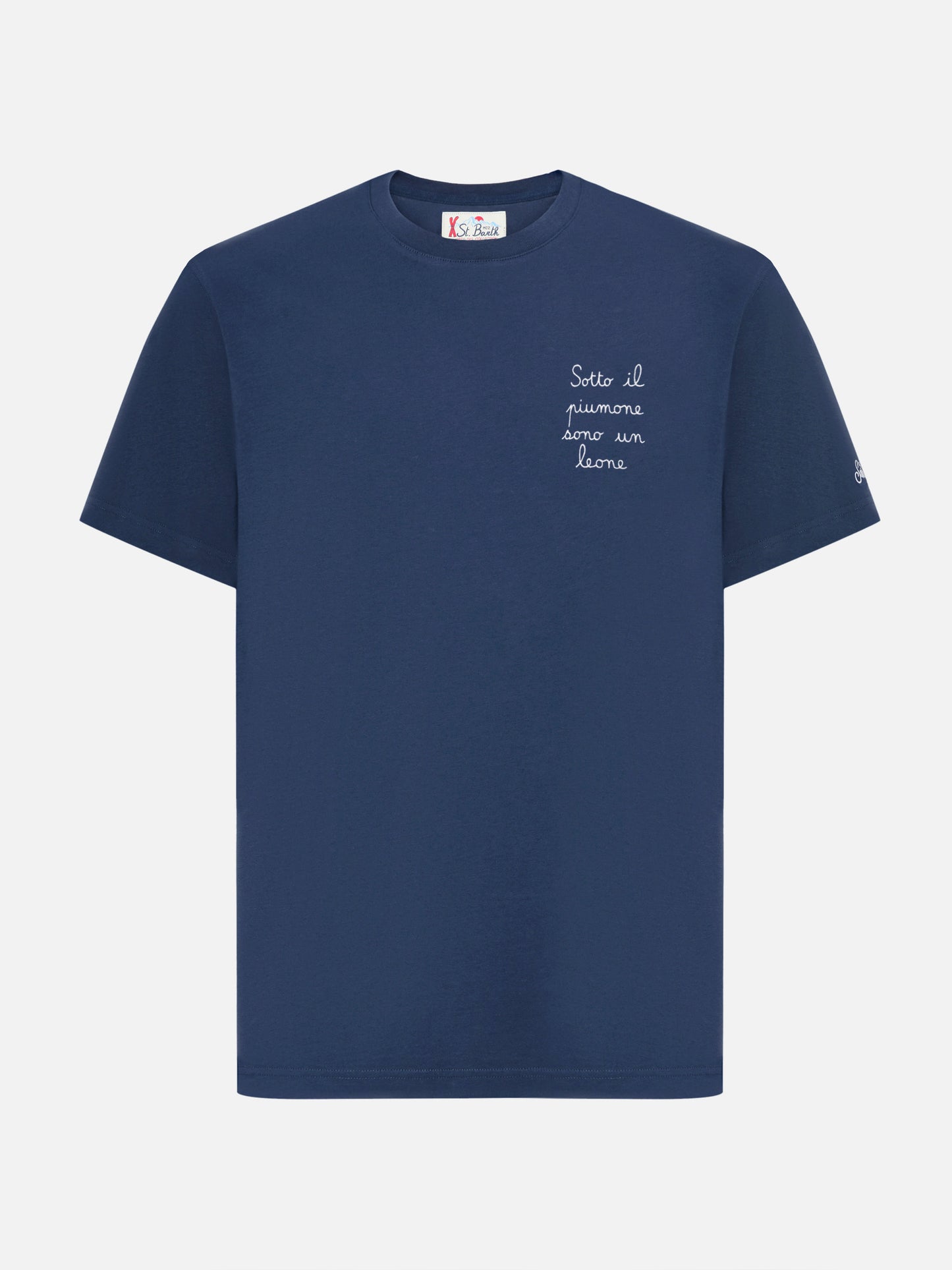 T-shirt Arnott en coton bleu avec broderie Sotto il Piumone sono un Leone 
