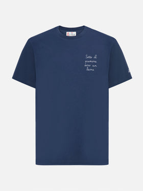 T-shirt Arnott en coton bleu avec broderie Sotto il Piumone sono un Leone 