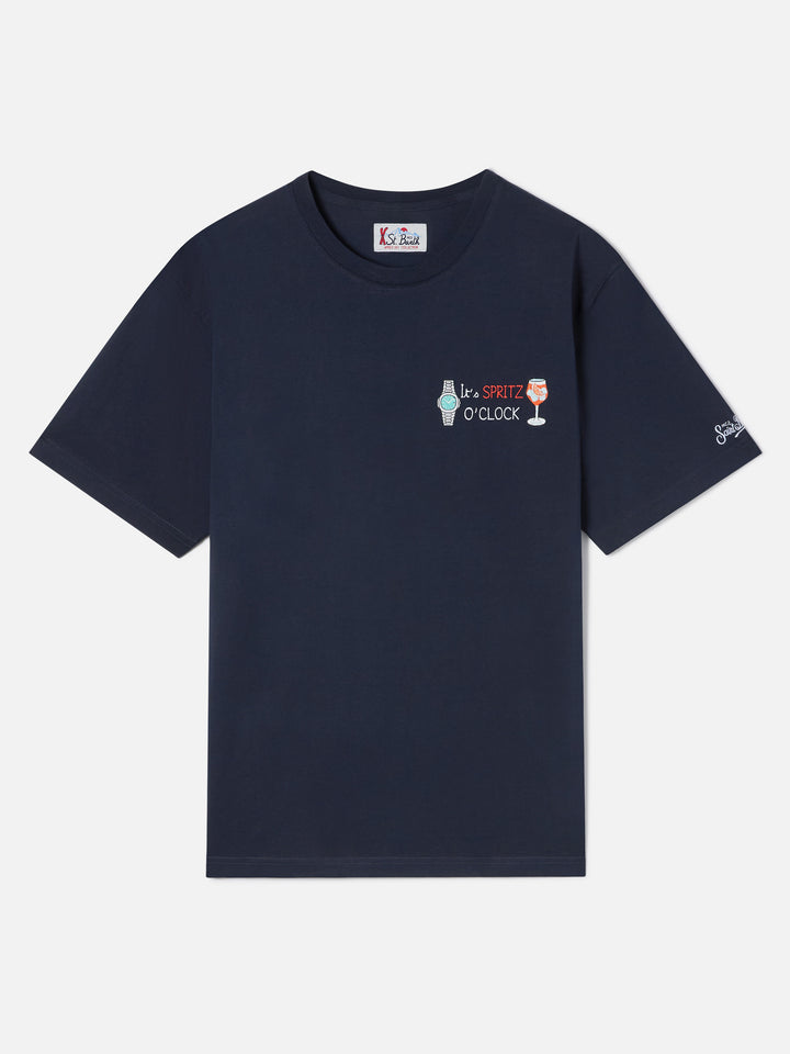Marineblaues T-Shirt aus blue Arnott Baumwolle mit It's Spritz O'Clock-Stickerei 