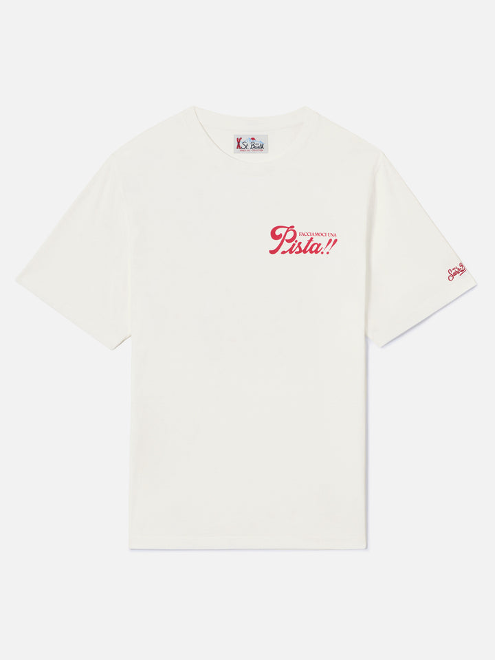 Weißes Arnott warmes Baumwoll-T-Shirt mit Facciamoci Una Pista-Print auf der Rückseite 
