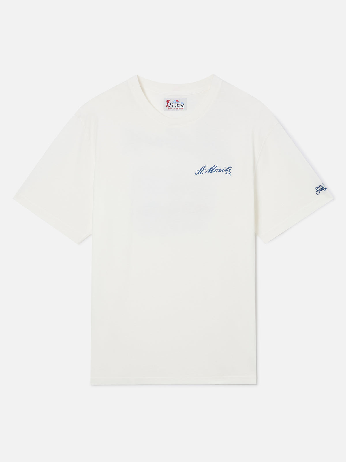 Weißes Arnott Warm T-Shirt aus Bio-Baumwolle mit St. Moritz-Print auf der Rückseite | Special edition 