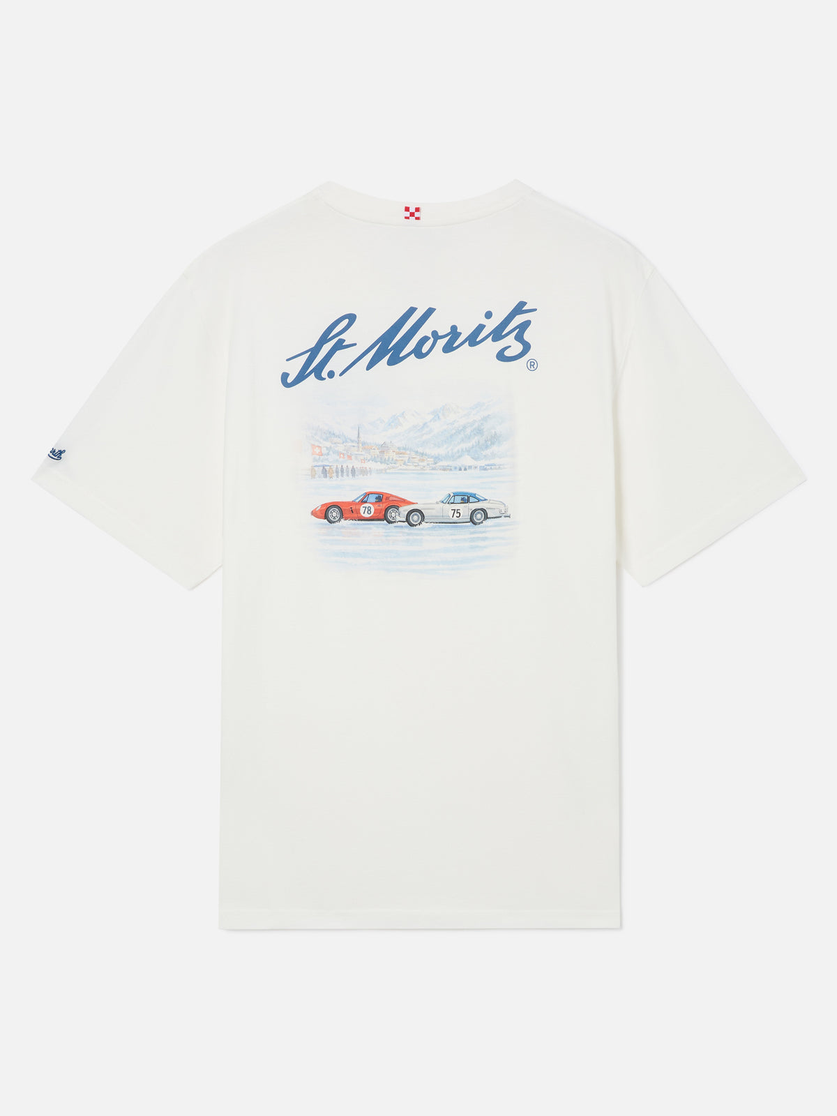 Weißes Arnott Warm T-Shirt aus Bio-Baumwolle mit St. Moritz-Print auf der Rückseite | Special edition 