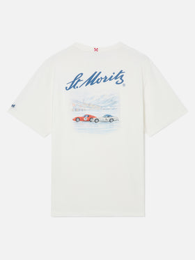 Weißes Arnott Warm T-Shirt aus Bio-Baumwolle mit St. Moritz-Print auf der Rückseite | Special edition 