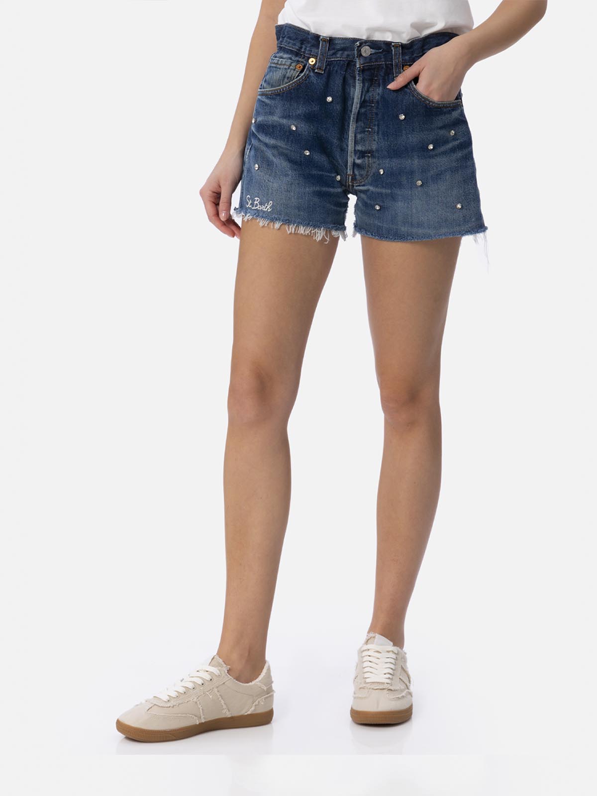 Woman upcycled denim shorts Arizona with rhinestones