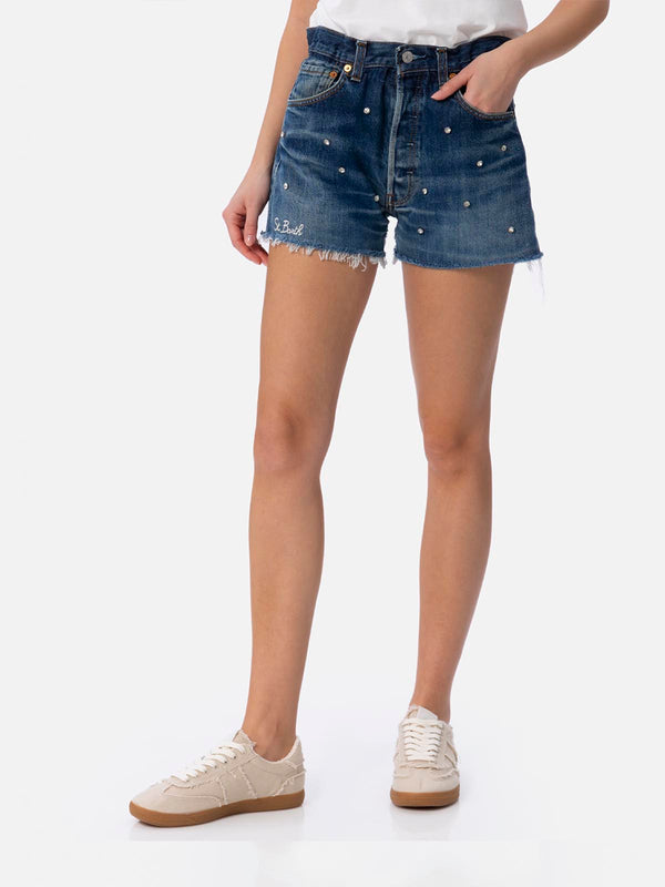 Woman upcycled denim shorts Arizona with rhinestones