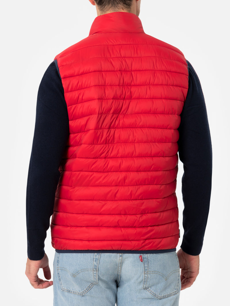 Man red padded vest Aspen