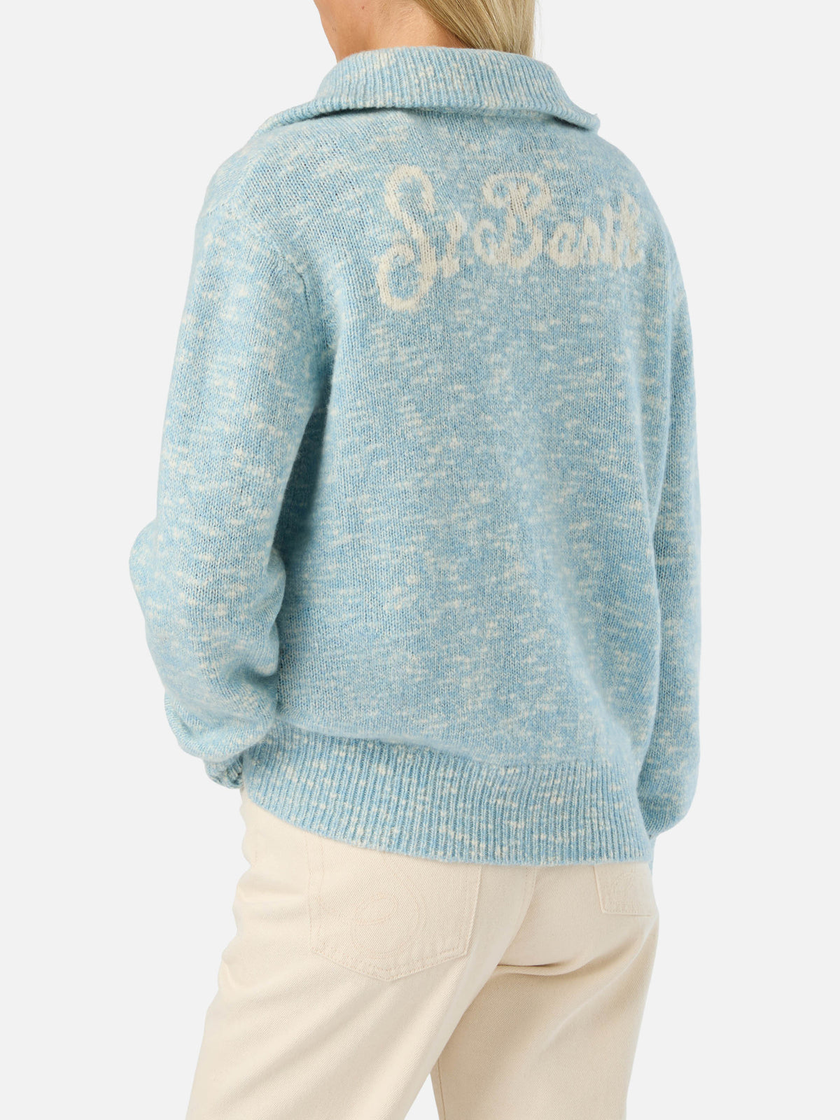 Pull en laine Augustine blue léger à demi-zip avec logo brodé 
