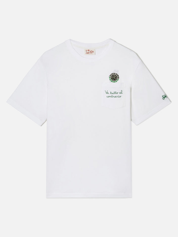 White Austin t-shirt with watch and Va Tutto Al Contrario embroidery