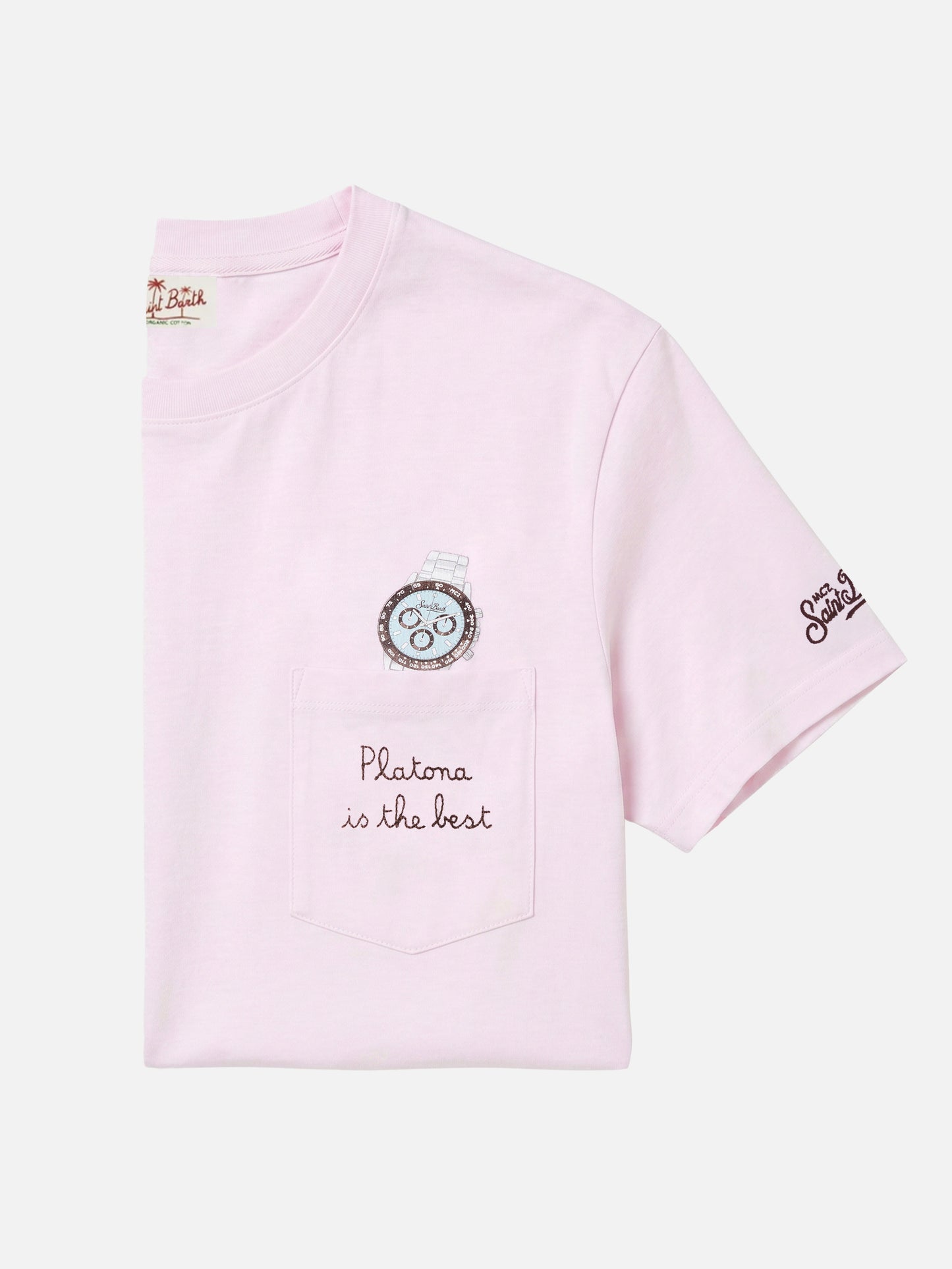 Pink Austin t-shirt with watch and Platona Is The Best embroidery