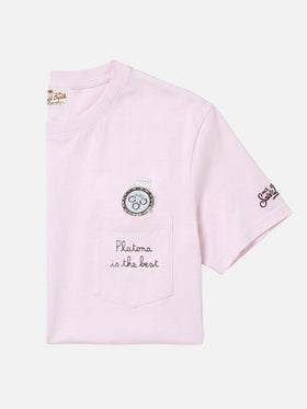 Pink Austin t-shirt with watch and Platona Is The Best embroidery