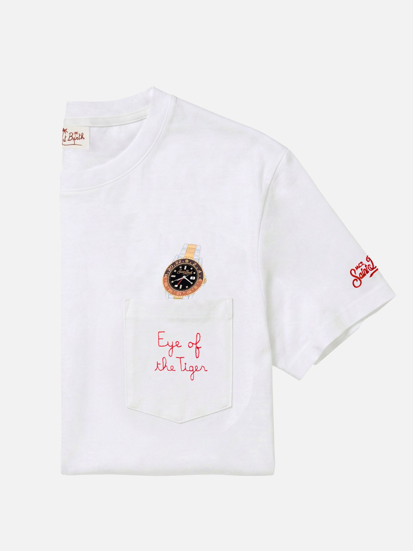 White Austin t-shirt with watch and Eye Of The Tiger embroidery