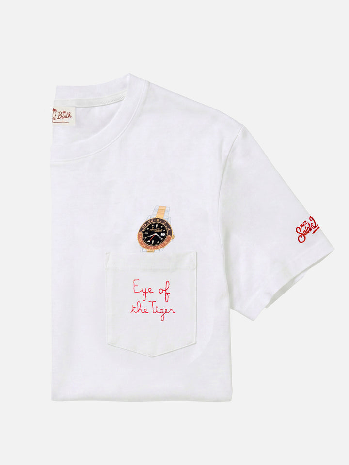 T-shirt Austin bianca con orologio e ricamo Eye Of The Tiger