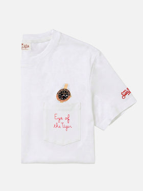 White Austin t-shirt with watch and Eye Of The Tiger embroidery