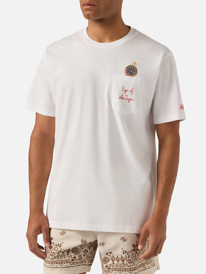 White Austin t-shirt with watch and Eye Of The Tiger embroidery