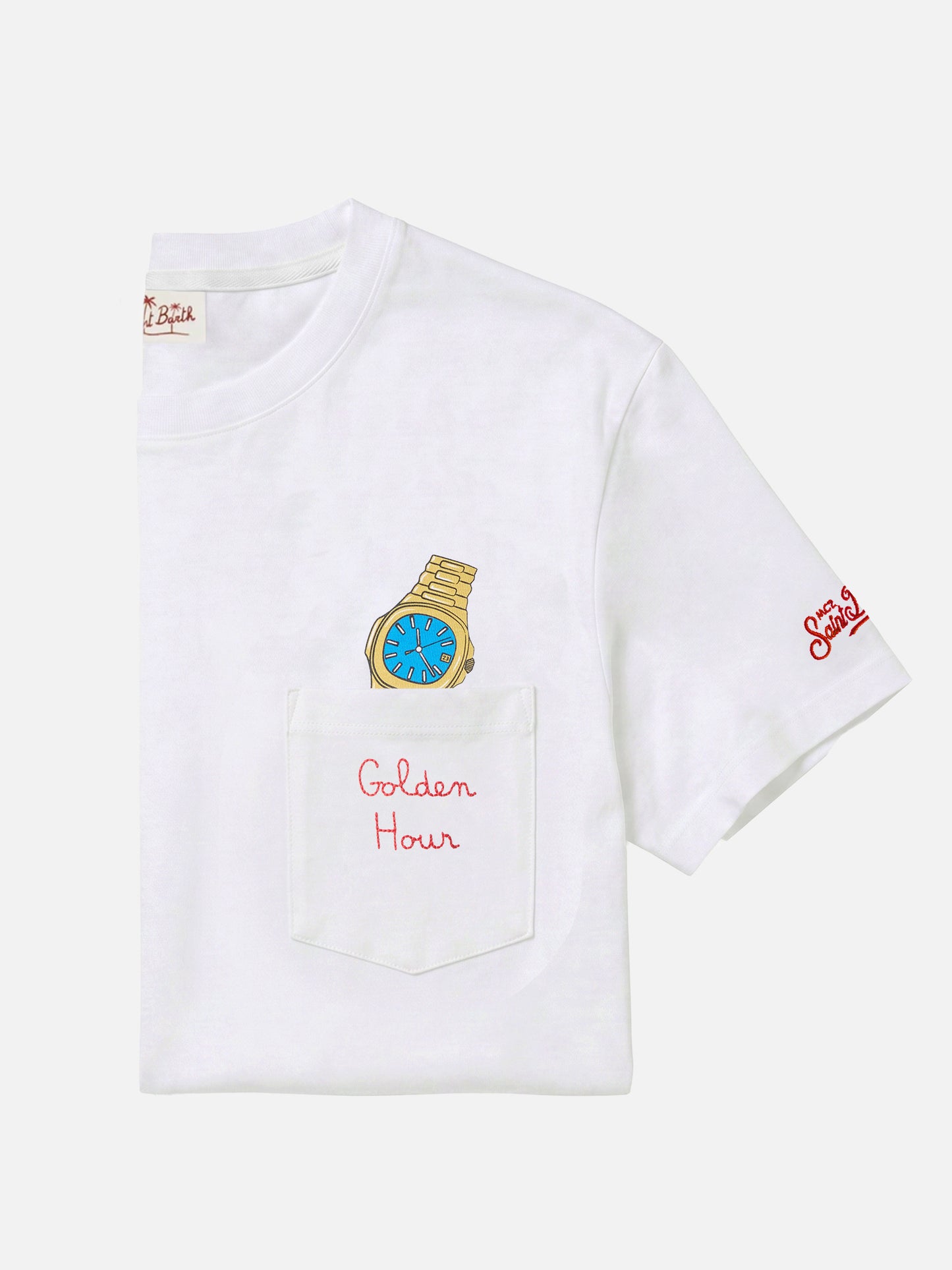 T-shirt Austin bianca con orologio e ricamo Golden Hour