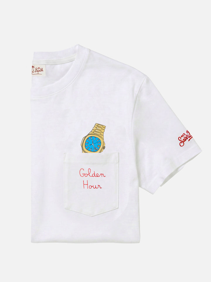 White Austin t-shirt with watch and Golden Hour embroidery
