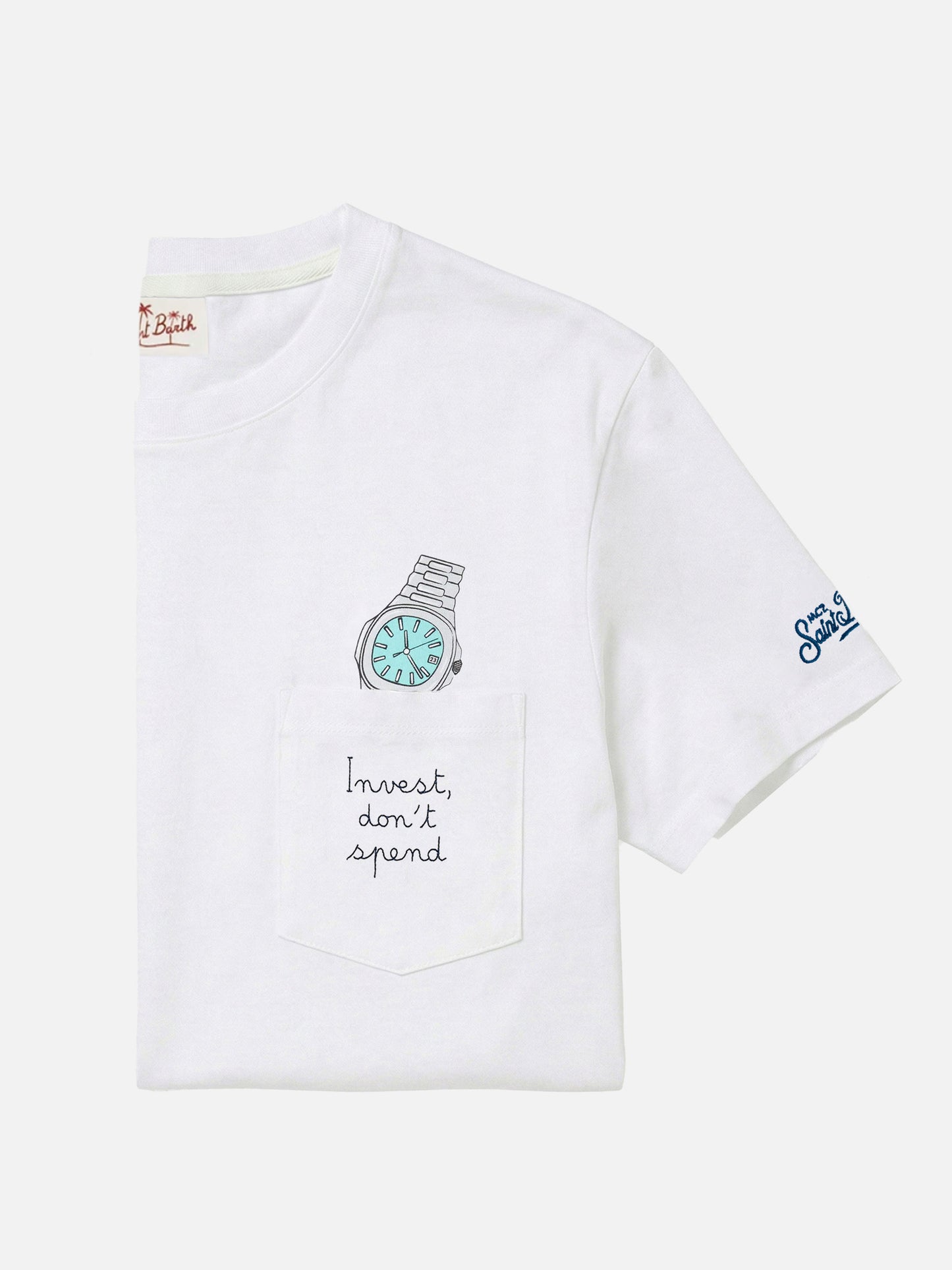 White Austin t-shirt with Invest Don't Spend watch embroidery