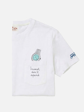 White Austin t-shirt with Invest Don't Spend watch embroidery