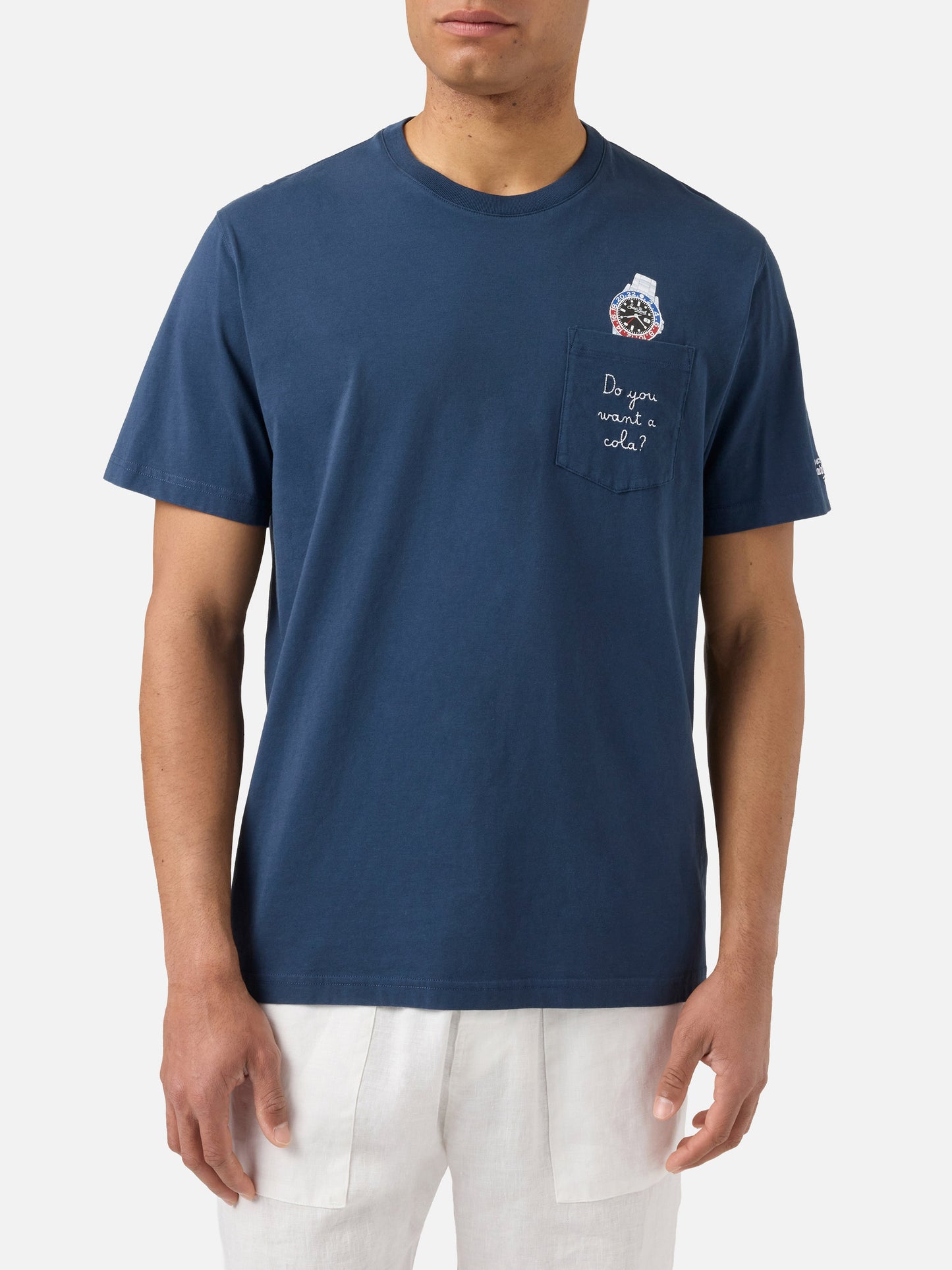 T-shirt Austin blu con orologio e ricamo Do You Want A Cola?
