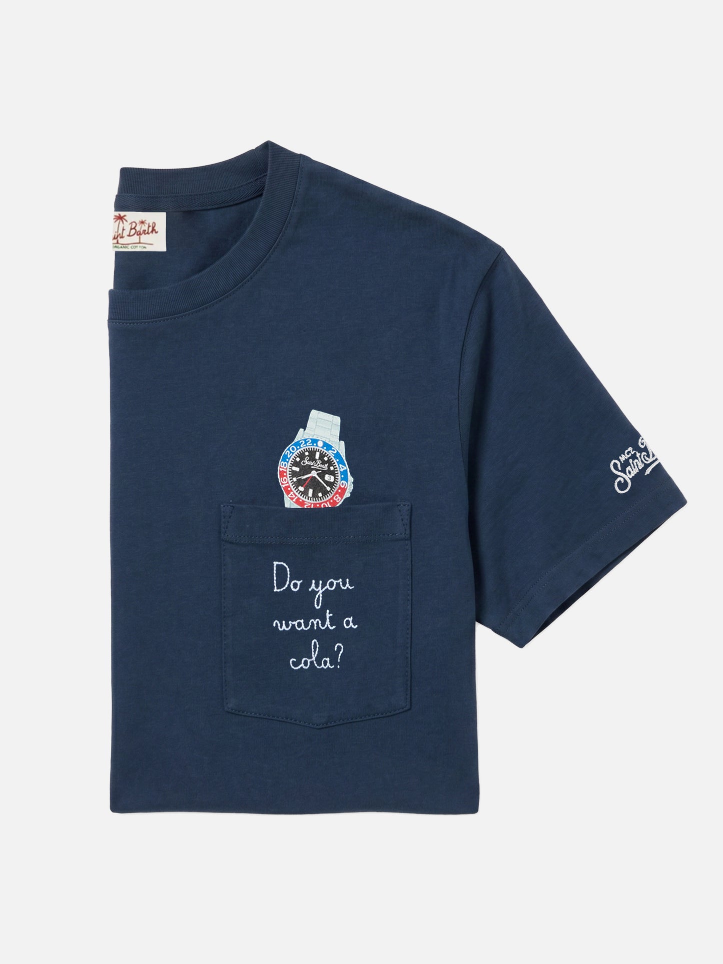 T-shirt Austin blu con orologio e ricamo Do You Want A Cola?