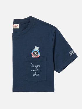 T-shirt Austin blu con orologio e ricamo Do You Want A Cola?