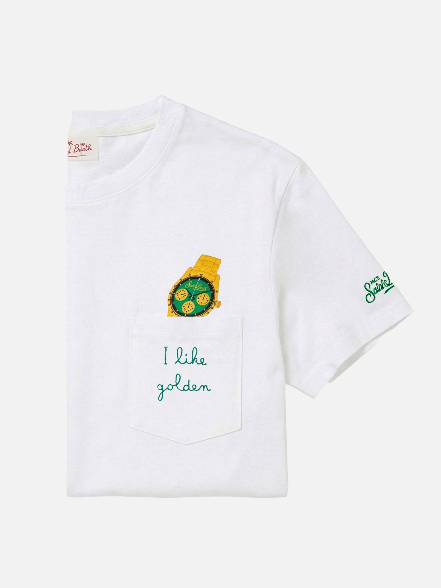 T-Shirt aus Austin-Baumwolle mit Uhren-Print und Stickerei 