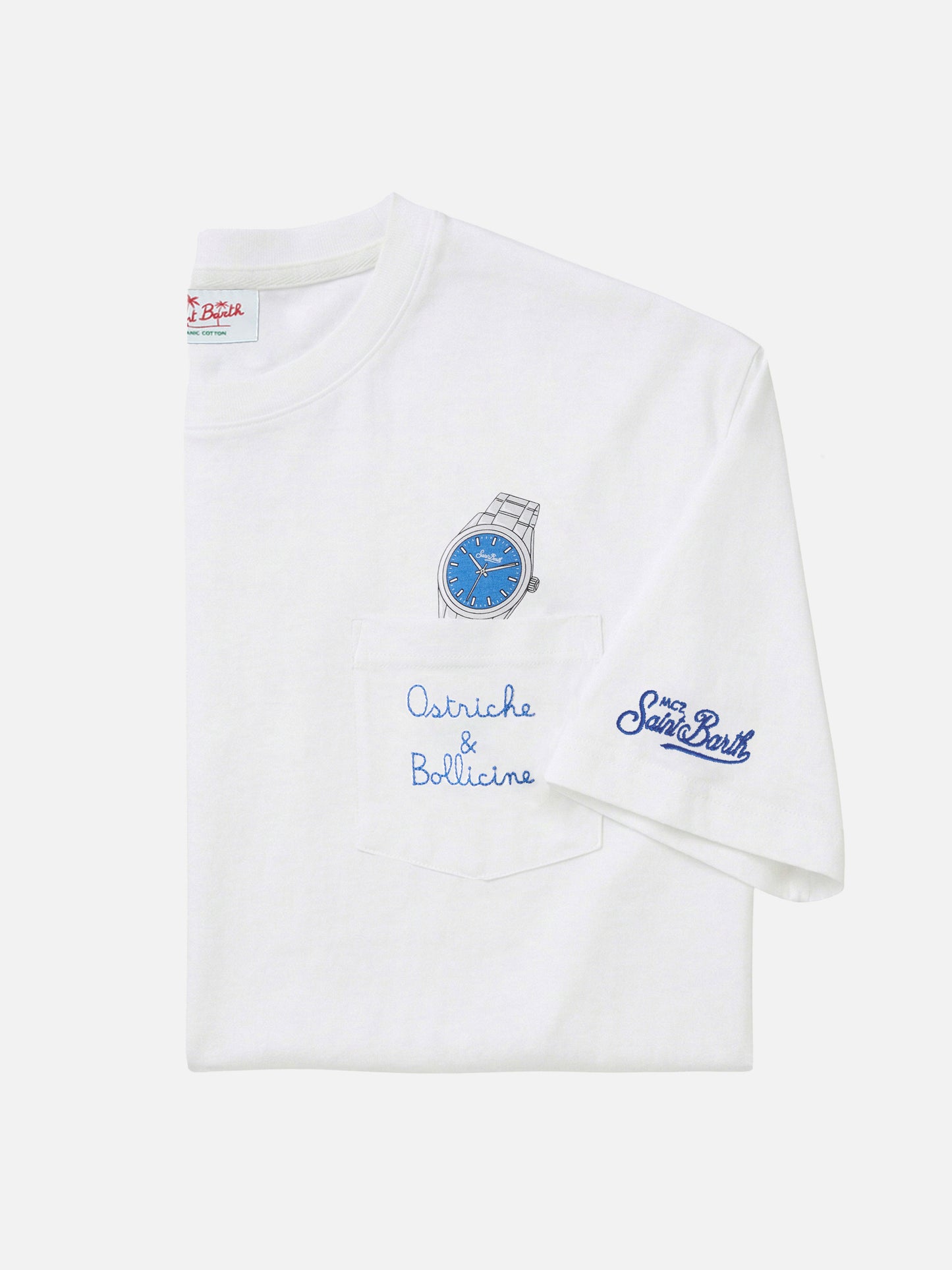 T-shirt Austin bianca con orologio e ricamo Ostriche e Bollicine