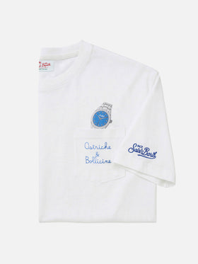 T-shirt Austin bianca con orologio e ricamo Ostriche e Bollicine