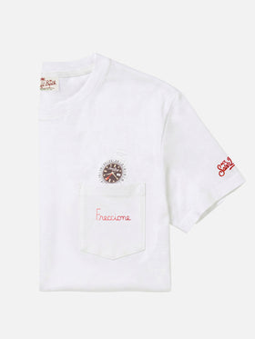 White Austin t-shirt with watch and Freccione embroidery