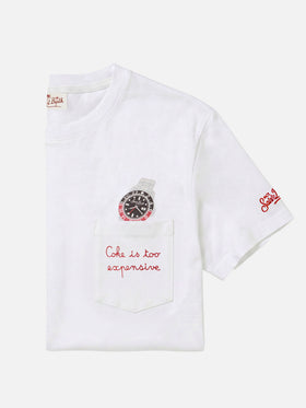 White Austin t-shirt with watch and Coke Is Too Expensive embroidery