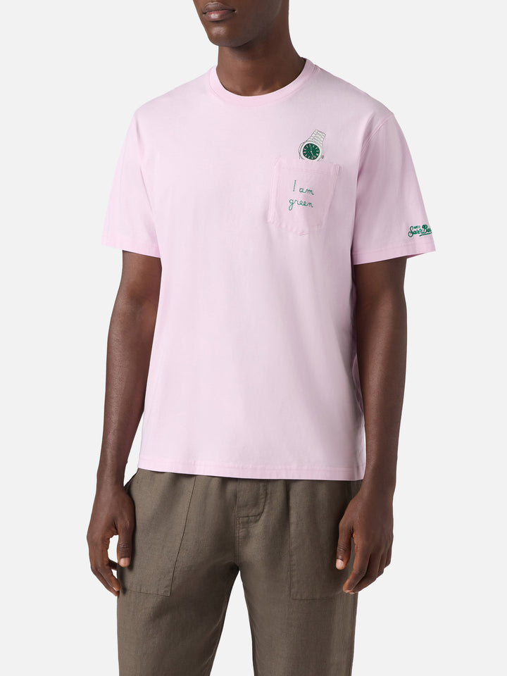 Pink Austin t-shirt with watch and I Am Green embroidery