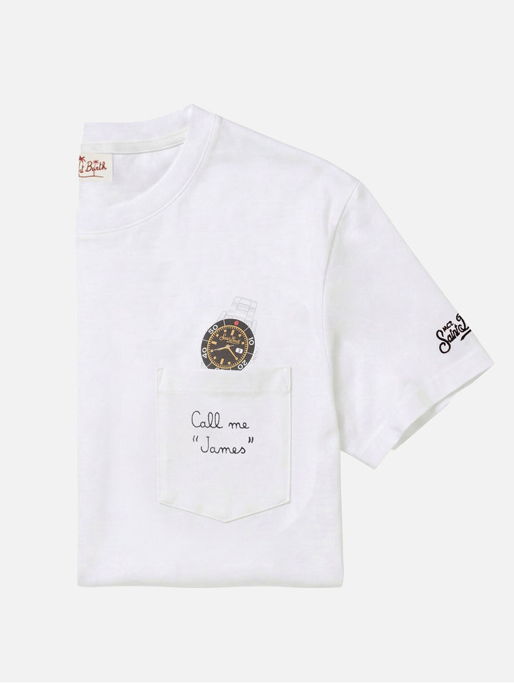 T-shirt Austin bianca con orologio e ricamo Call Me James