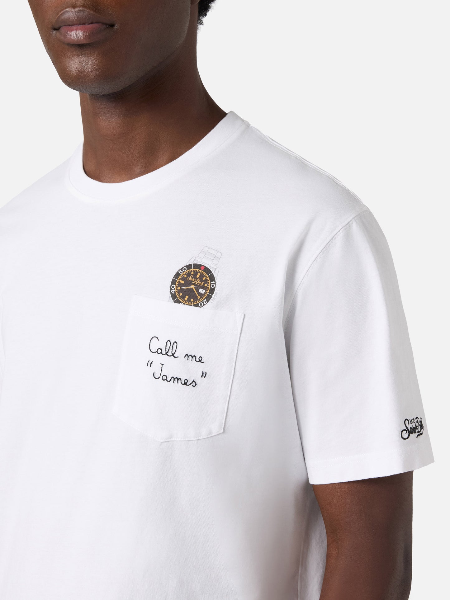 White Austin t-shirt with watch and Call Me James embroidery