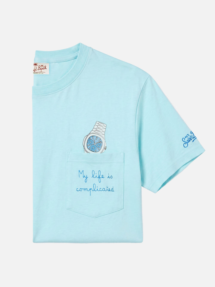 T-shirt Austin azzurra con orologio e ricamo My Life Is Complicated