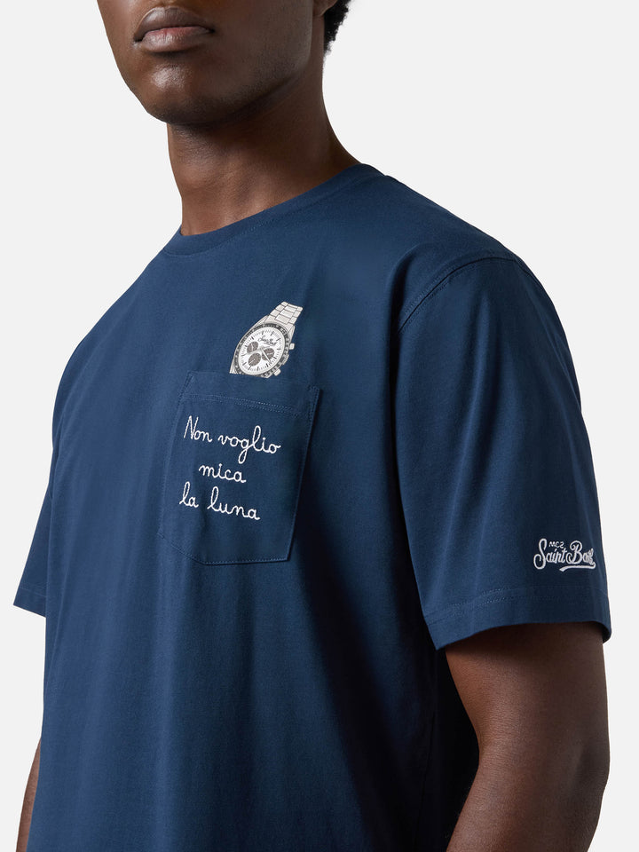 Blue Austin t-shirt with watch and Non Voglio Mica La Luna embroidery