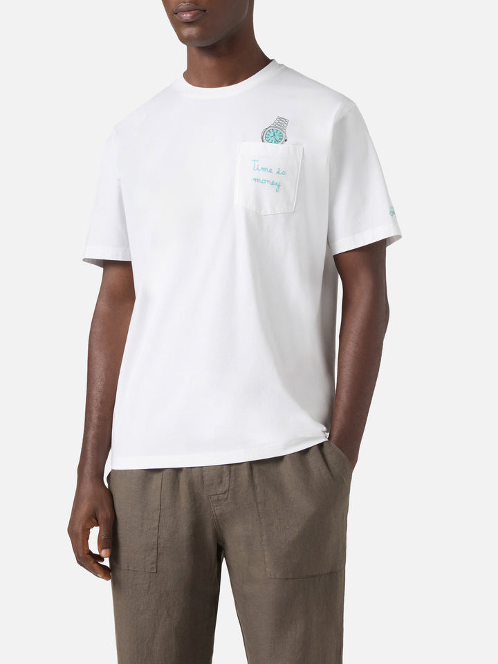 White Austin t-shirt with watch and Time Is Money embroidery